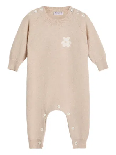 Brunello Cucinelli Babies' Teddy-appliqué Cashmere Romper In Neutral