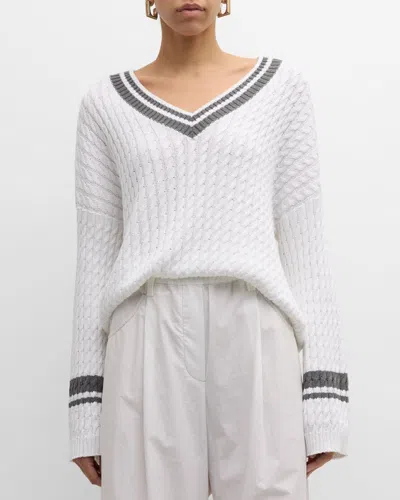 Brunello Cucinelli Tennis Stripe Diamante Cable-knit Sweater In Cxm72 White