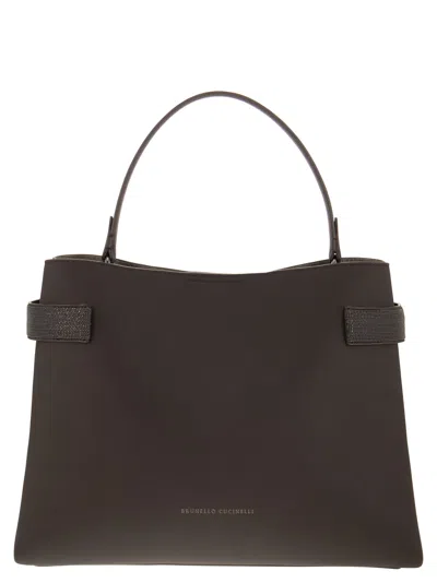 Brunello Cucinelli Texture Calfskin Bag In Dark Brown