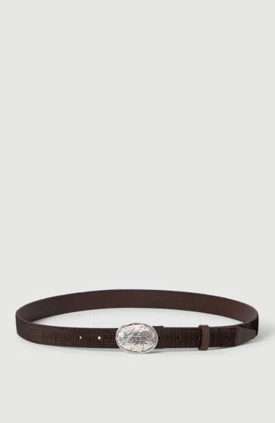 Brunello Cucinelli Textured Calfskin Belt With Braided Metal Buckle In Brown