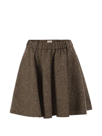 Brunello Cucinelli Flared Virgin Wool Blend Skirt In Brown