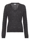 Brunello Cucinelli Textured Ribbed V-neck Sweater With Sparkling Details In Black