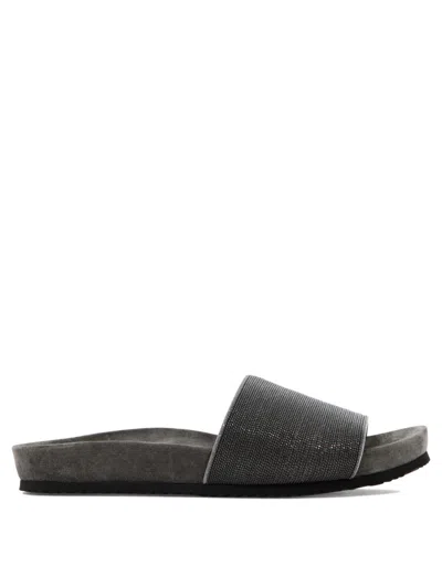 Brunello Cucinelli Textured Grey Leather Sandals In Gray