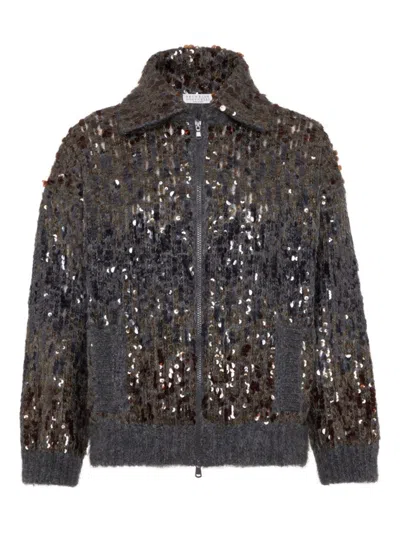 BRUNELLO CUCINELLI BRUNELLO CUCINELLI TEXTURED GREY SWEATER WITH SEQUINED DETAILING
