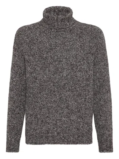 Brunello Cucinelli Textured Knit Turtleneck Sweater With Ribbed Finish In Brown