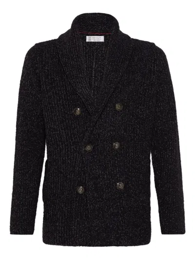 Brunello Cucinelli Textured Knit Double-breasted Jacket In Black