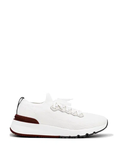 Brunello Cucinelli Textured Knit Runners With Semi-glossy Leather Accents In White
