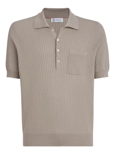 Brunello Cucinelli Textured-rib Chest-pocket Button-fastening Polo Shirt In Brown