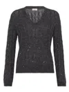 Brunello Cucinelli Textured Ribbed V-neck Sweater With Sparkling Details In Gray