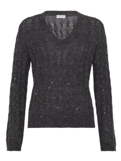BRUNELLO CUCINELLI BRUNELLO CUCINELLI TEXTURED RIBBED V-NECK SWEATER WITH SPARKLING DETAILS