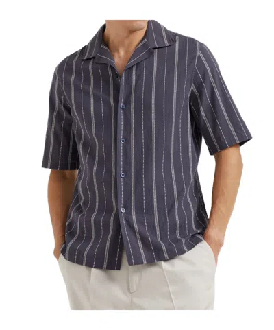 Brunello Cucinelli Textured Stripe Seersucker Easy Fit Short Sleeve Shirt With Camp Collar In Blue