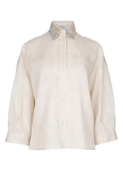 Brunello Cucinelli Three-quarter Sleeved Embroidered Motif Shirt  In Natural