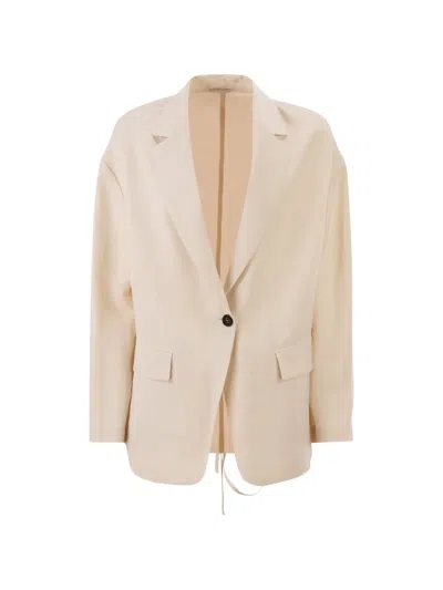 Brunello Cucinelli Women Fluid Viscose And Linen Twill Jacket With Jewellery In Neutral
