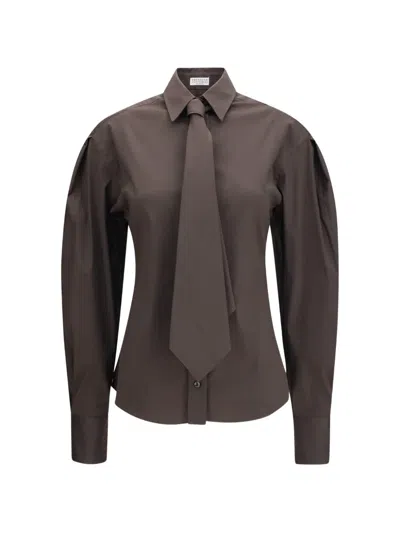 Brunello Cucinelli Tie-detail Puffed-sleeve Shirt In Brown