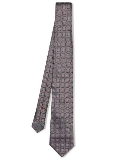 Brunello Cucinelli Beige Silk Tie With Geometric Pattern In A Brown Light Grey
