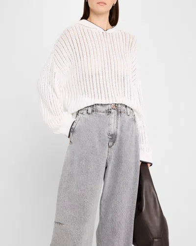 Brunello Cucinelli Tipped Edge Lattice Open Weave Knit Hoodie In C159 White