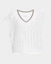 Brunello Cucinelli Tipped Linen Lattice Vertical Knit Ss V Neck W Micro Pailettes In Cfa26 White