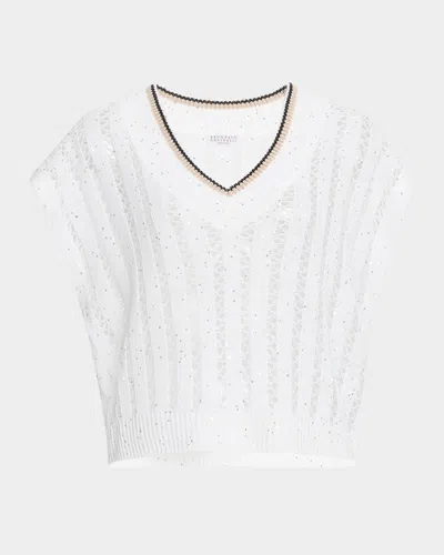 Brunello Cucinelli Tipped Linen Lattice Vertical Knit Ss V Neck W Micro Pailettes In Cfa26 White