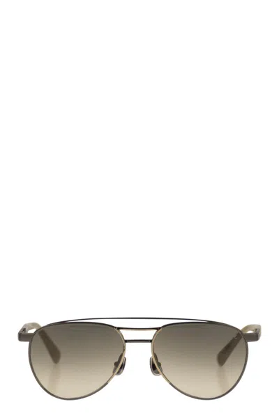 Brunello Cucinelli Titanium Aviator Sunglasses In Brown