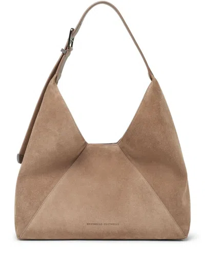 Brunello Cucinelli Tobacco Brown Calf Suede Handbag With Velvet Effect