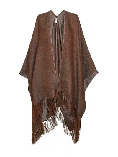 Brunello Cucinelli Tobacco Lamé Linen Blend Knit Open Poncho In Brown