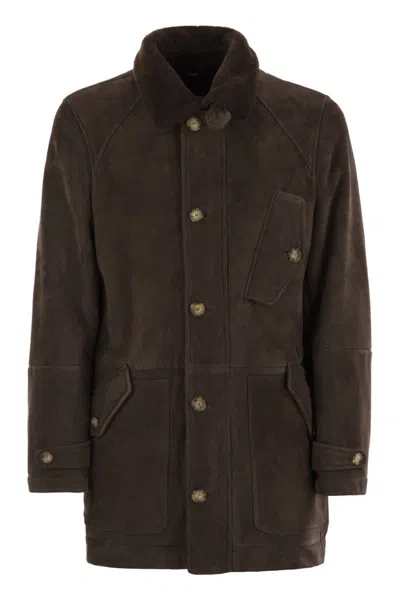 Brunello Cucinelli Tone-on-tone Suede Shearling Coat In Brown