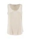 Brunello Cucinelli Sleeveless Stretch Silk Top With Round Neckline In Avorio