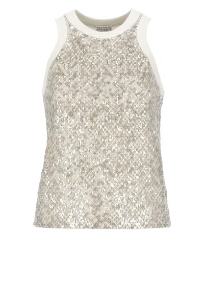 Brunello Cucinelli Sequin Embellished Sleeveless Tank Top In Beige