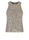 Brunello Cucinelli Sleeveless Cotton Top With Sequins Accents In Brown