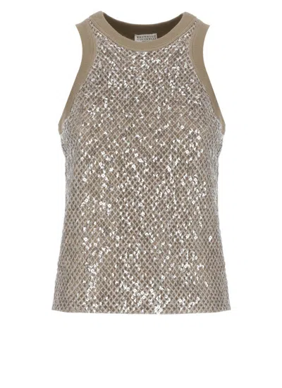 Brunello Cucinelli Sleeveless Cotton Top With Sequins Accents In Brown