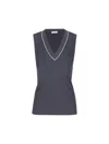 Brunello Cucinelli Bead-embellished Ribbed Cotton-blend Tank In Cool Blue+lime