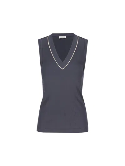 Brunello Cucinelli Bead-embellished Ribbed Cotton-blend Tank In Navy