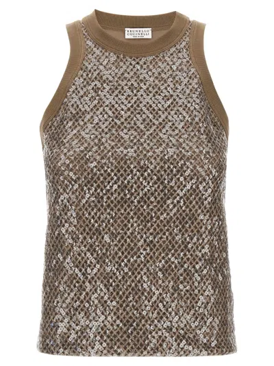 Brunello Cucinelli Top Dazzling Net Embroidery In Brown