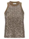 Brunello Cucinelli Sleeveless Cotton Top With Sequins Accents In Brown