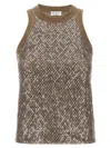 Brunello Cucinelli Sleeveless Cotton Top With Sequins Accents In Brown