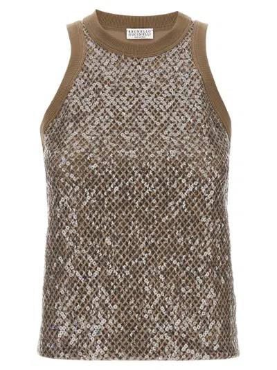 BRUNELLO CUCINELLI TOP DAZZLING NET EMBROIDERY TOPS BROWN