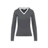 Brunello Cucinelli Ribbed Long Sleeves Top With Contrast Trim In Gray