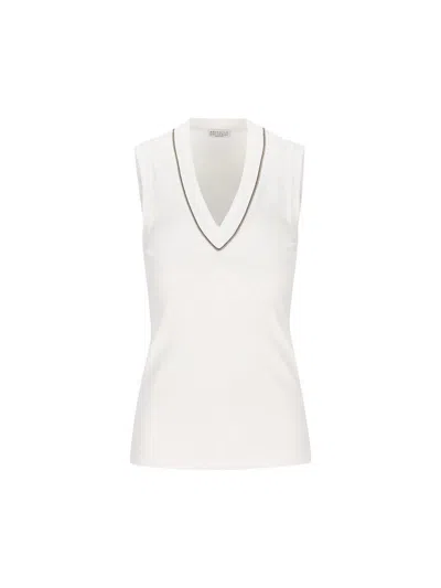 Brunello Cucinelli Stretch-cotton V-neck Top In White