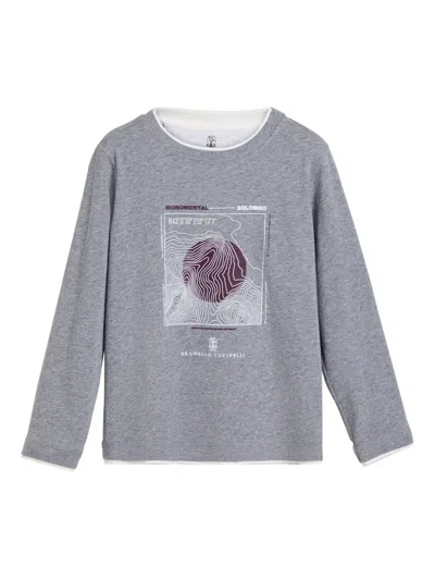 Brunello Cucinelli Kids' Topographic-print Long-sleeved T-shirt In Gray