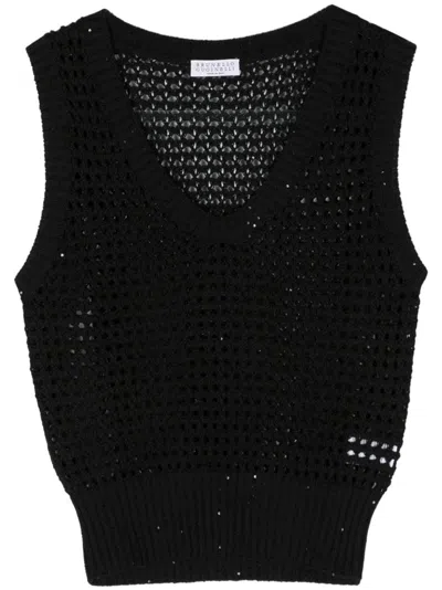 Brunello Cucinelli Sequin-embellished Open-knit Vest In Black