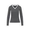 Brunello Cucinelli Ribbed Long Sleeves Top With Contrast Trim In Gray