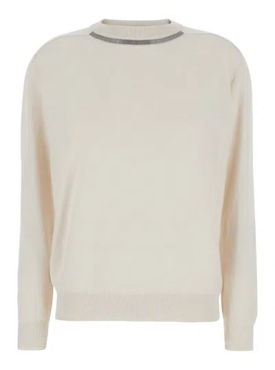 BRUNELLO CUCINELLI BEIGE CREWNECK SWEATER WITH MONIL DETAIL ON THE NECK
