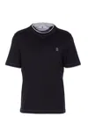 Brunello Cucinelli Logo Crew Neck Cotton T-shirt With Contrast Trim In Blue