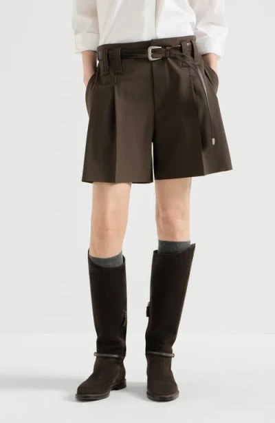 Brunello Cucinelli Tropical Luxury Wool Formal Shorts With Monili In Green
