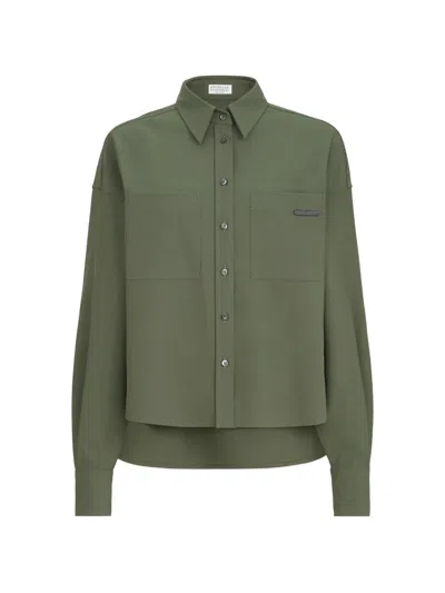 Brunello Cucinelli Tropical Luxury Wool Shirt With Shiny Tab In Green