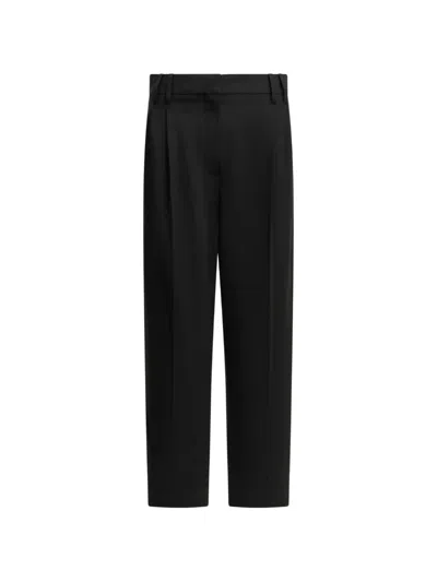 Brunello Cucinelli Tropical Luxury Wool Slouchy Trousers With Monili In Black