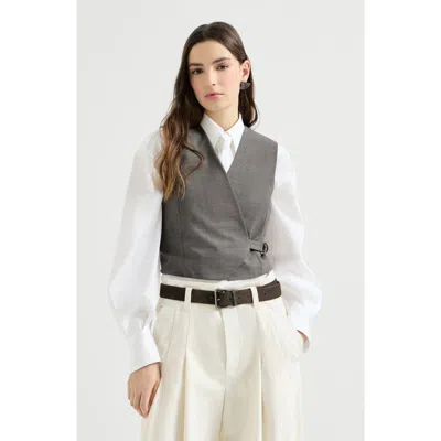 Brunello Cucinelli Tropical Luxury Wool Vest With Monili In Gray