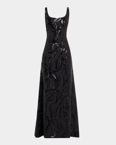 Brunello Cucinelli Tropical Paillette Lux Fluid Couture Corset Gown In Black