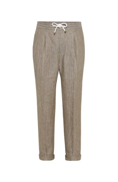 Brunello Cucinelli Trousers With Double Pleats And Drawstring In Bark