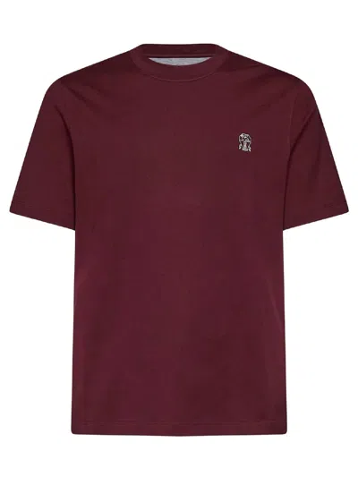 Brunello Cucinelli T-shirt Girocollo In Jersey Di Cotone Con Logo In Rosso